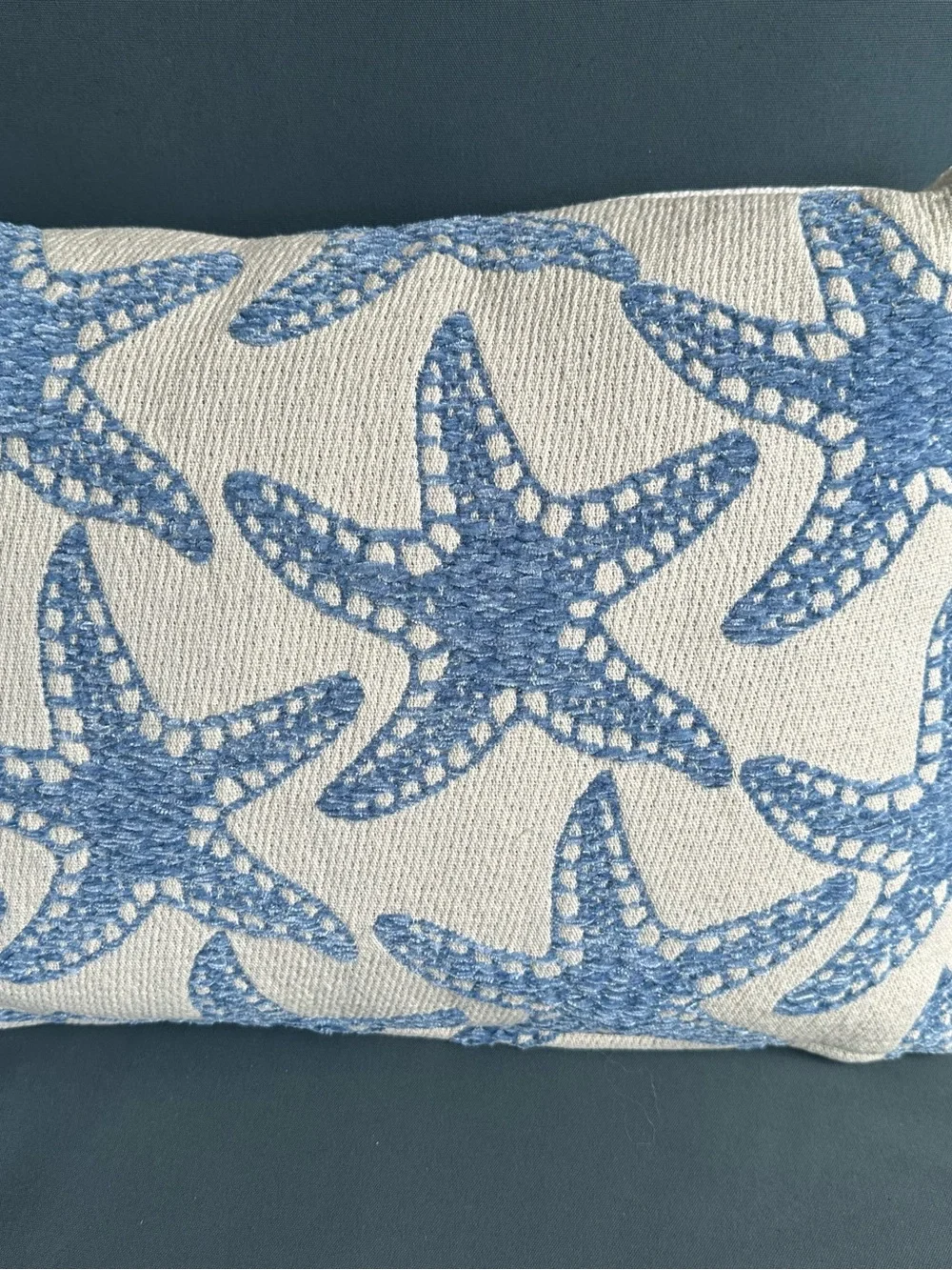 New blue and cream starfish lumbar accent pillow (@18”x11”): 3 available